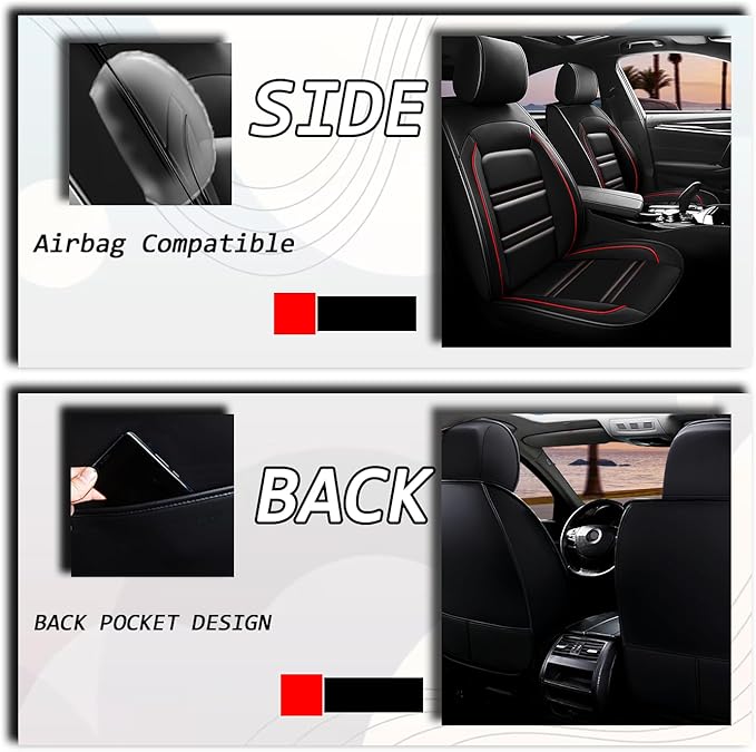 Seat Covers for Nissan Car Juke 2011-2017 | 5-Seats Leather Seat Covers, Easy to Install Automotive Seat Covers Full Set (Full Set, Black&Red Line)