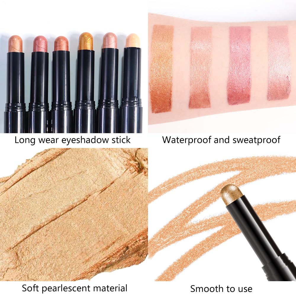 6Pcs Cream Eye Shadow Sticks Makeup for Women, Nude Beige Smoky Pale Rose Gold Rose Gold Champagne Gold Copper Shimmer Matte Eye Shadow Brightener Stick for Eyes, Waterproof Eyeshadow Pencil Set01