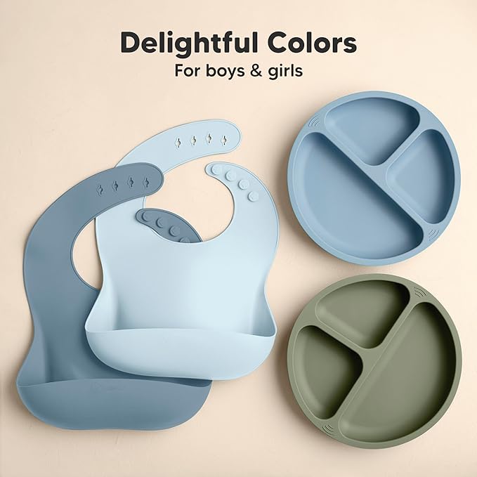 KeaBabies 2-Pack Silicone Baby Bibs for Eating - Sturdy Food-Grade Silicone Bibs for Babies Girl, Boy, Large Food Catcher, Clean & Put On Easily, Waterproof Toddler Feeding Essentials (Ocean)