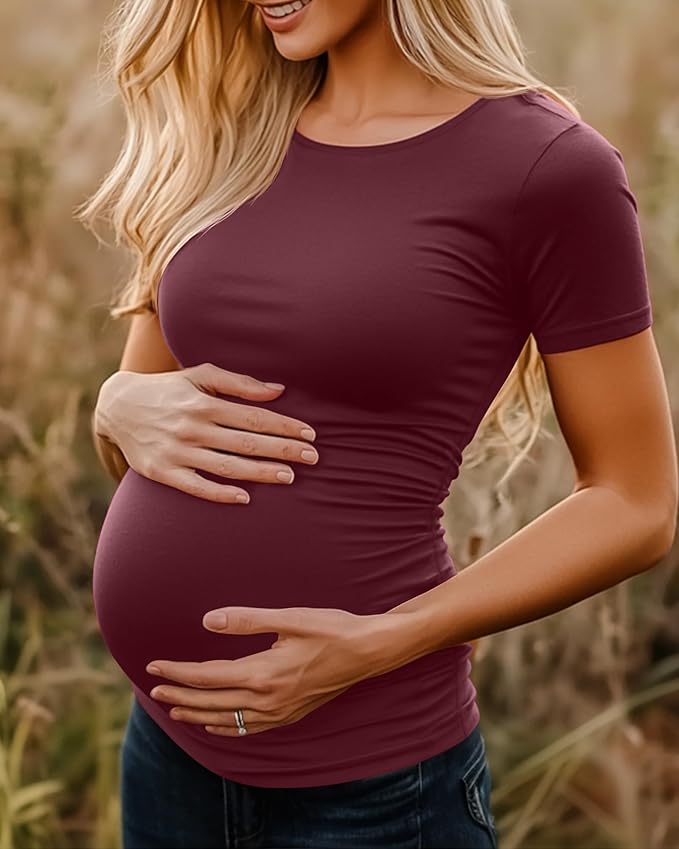 Huukeay 4 Pack Women's Maternity Shirts, Crew Neck Maternity Top Short Sleeve Casual Cotton Tee Side Ruched Pregnancy Clothes