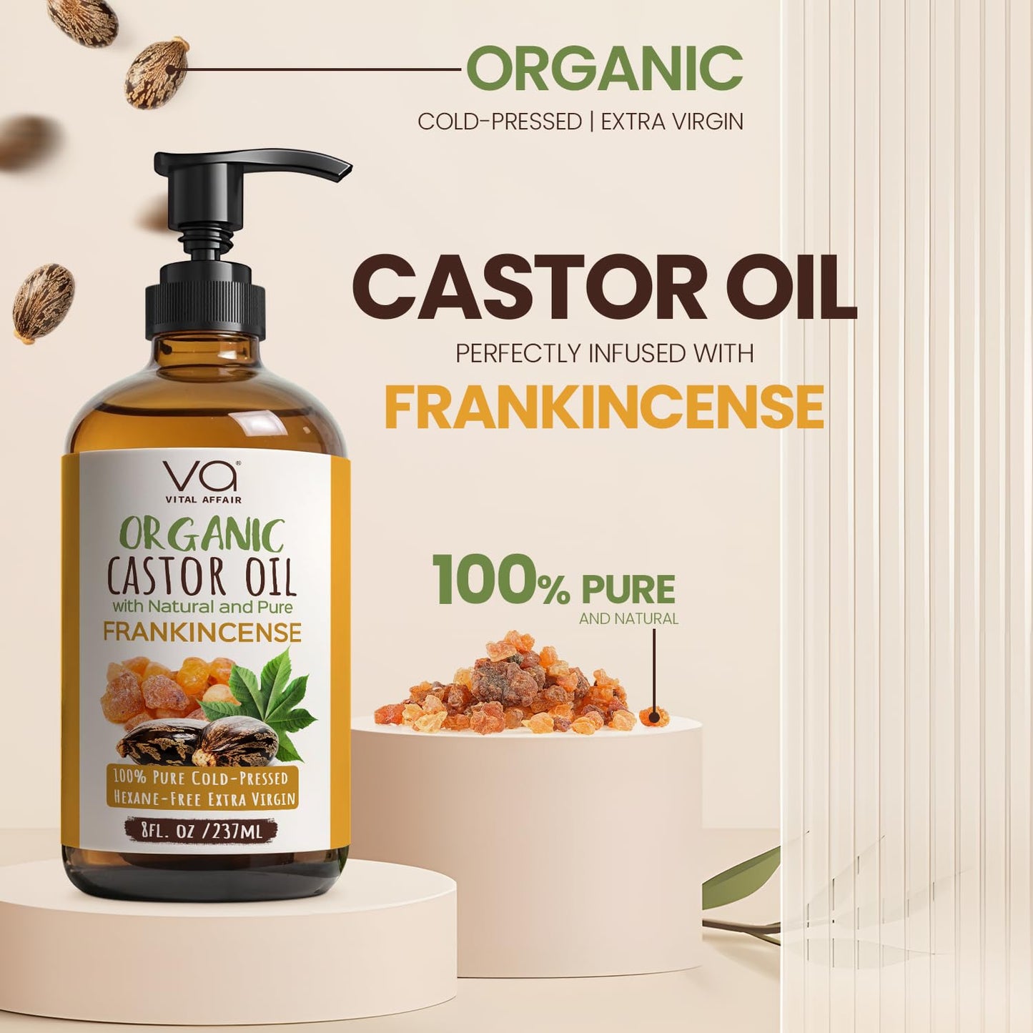 Organic Castor & Frankincense Oil Blend - 100% Pure and Natural, Cold Pressed, Unrefined Glass Bottle Castor and Frankincense Oil For Face & Hair Growth - 8oz