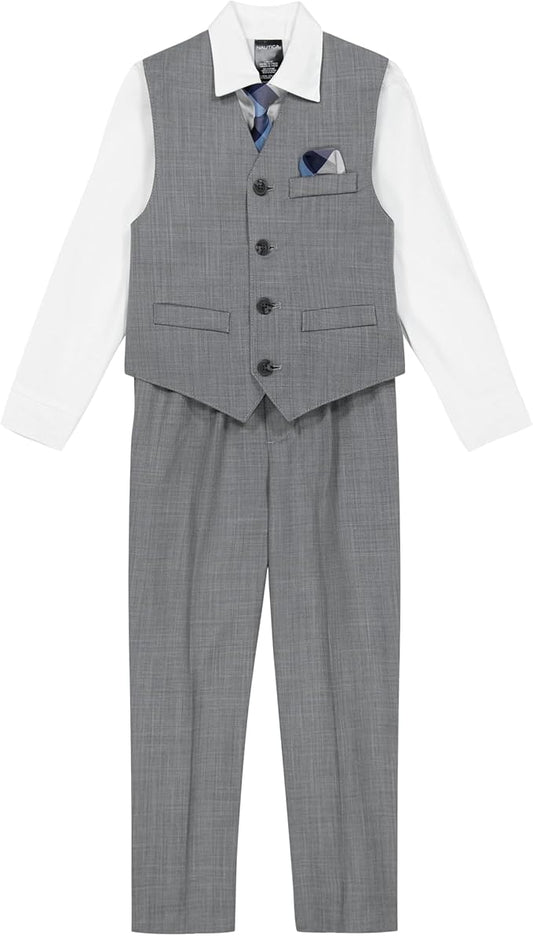 Nautica Boys' 4-Piece Formal Suit Set with Vest, Pants, Collared Dress Shirt, and Tie