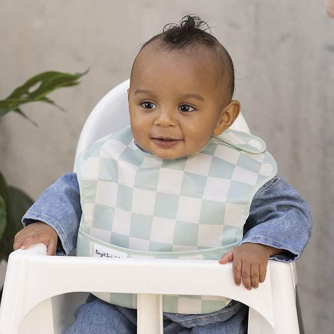 Tiny Twinkle Mess Proof Baby Bibs for Eating – Waterproof, Wipeable Toddler Bibs with Pocket – Baby Food Bibs for Girls & Boys(3 Pack,Checkers Boy)