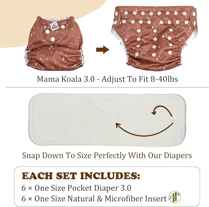 Mama Koala 3.0 Cloth Diapers for Babies with AWJ Lining, 6 Pack with 6 Natural Cloth Diaper Inserts - Reusable and Washable Pocket Diapers (Light Lavender)
