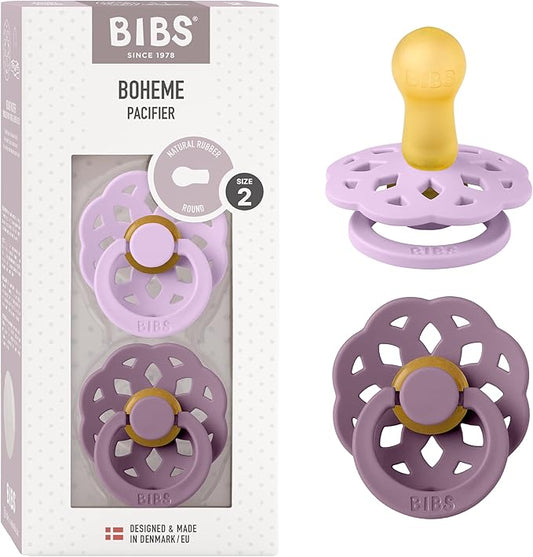 Bibs Pacifiers 6-18 Months | Boheme Collection 2-Pack | BPA-Free Round Nipple | Made in Denmark | Violet Sky/Mauve Color Pacifier