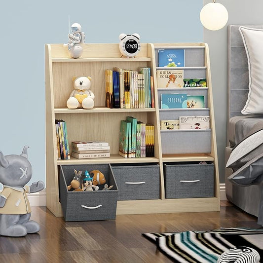 Kids Bookshelf Wood Montessori Toy Storage Organizer Cabinet Shelf Child Bookcase Toddler Baby Sling Book Rack 3 Cube Bin Fabric Drawers for Playroom Bedroom Nursery School