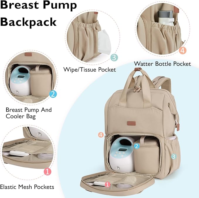 mommore Diaper Bag Backpack, Breast Pump Backpack for Spectra S1,S2 Medela Pumping Backpack for Working Moms with 15.6 inch Laptop Sleeve, Champagne