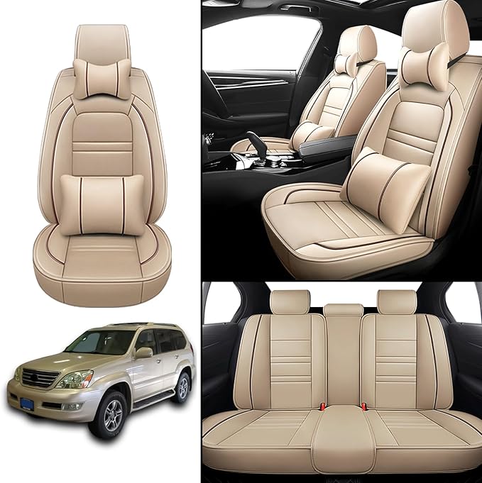 Car Seat Covers for Lexus Car gx470 2003-2009, 5 Seats Leather Seat Covers, Waterproof Seat Protectors, Automotive Seat Covers (Full Set with Pillow,Beige)