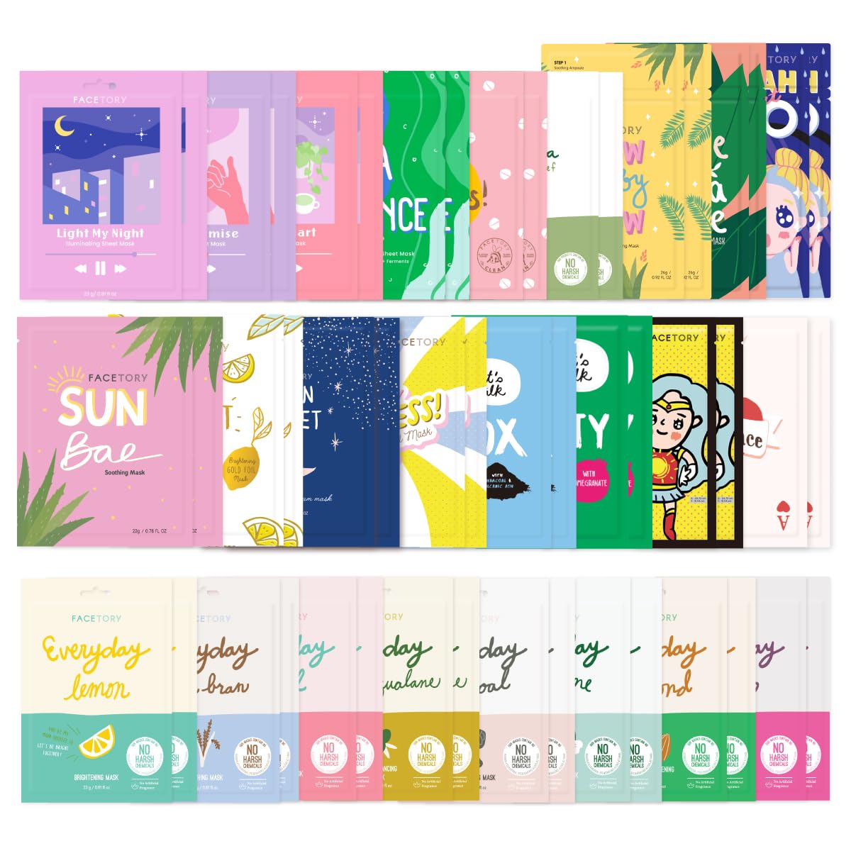 FACETORY K Beauty Face Mask Skin Care 50 COLLECTION Sheet Mask Set | Natural Premium Korean Face Mask For All Skin Types - No Sulfates No Parabens (50 pc)