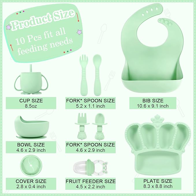 BXLL 10 Pcs Green Silicone Baby Feeding Set - Baby Led Weaning Supplies with Suction Bowl, Divided Plate, Bibs, Fruit Feeder, Pacifier, Spoons, Forks, Sippy Cup & Snack Cup