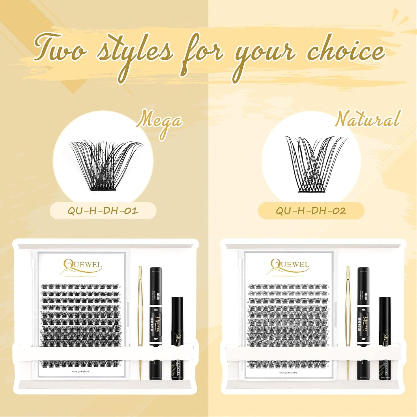 QUEWEL DIY Eyelash Extensions Kit, 144 Pcs Lash Clusters, Cluster Eyelashes Applicator Tool, Super Hold Cluster Lashes Bond and Seal, Clusters Lash Glue Remover Easy to Use at Home(QU-H-DH-02)