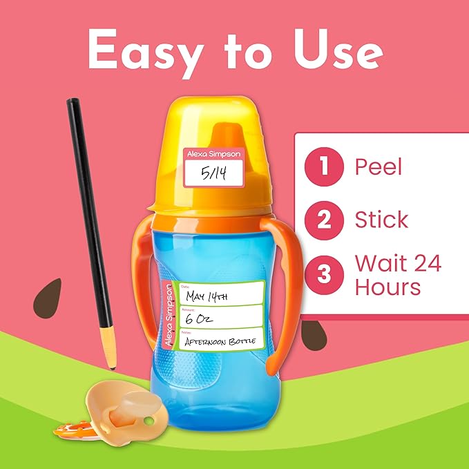 Name Bubbles - Reusable Baby Bottle Labels for Daycare (20 Labels) - Kids Washable Name Tags for Bottles, Sippy Cups, & Snack Containers, Waterproof, Baby Name Stickers, Write-On (Train)