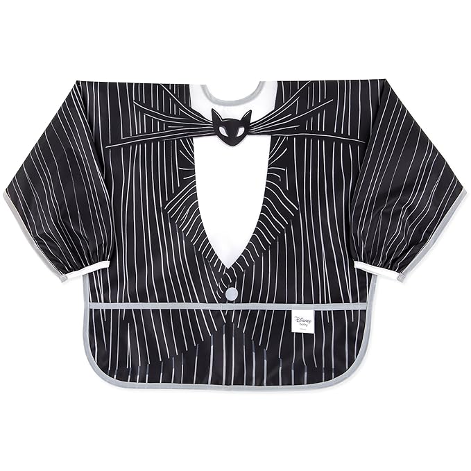 Bumkins Disney Sleeved Bib for Girl or Boy, Baby and Toddler for 6-24 Mos, Essential Must Have for Eating, Feeding, Baby Led Weaning Supplies, Long Sleeve Mess Saving Food Catcher, Jack Skellington