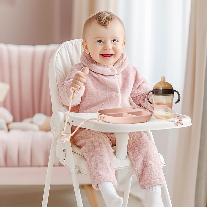 Andy Bear Silicone Plates for Babies with Suction Divided Baby Spoons Silicone Baby Toy Straps All-in-one Plates Silicone Placemat for Babies Toddlers Attachable Tethers & Built-in Suction Cups-Blush