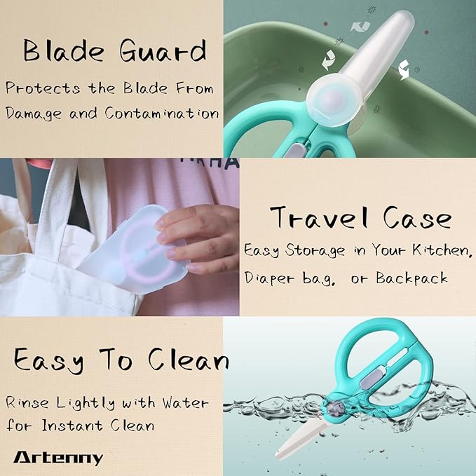Baby Food Scissors with Travel Case, Ceramic Food Scissors Kids, Toddler Scissors with Safety Lock, Ideal for Pizza, Meats, Noodles, Vegetables, and Fruits (D)