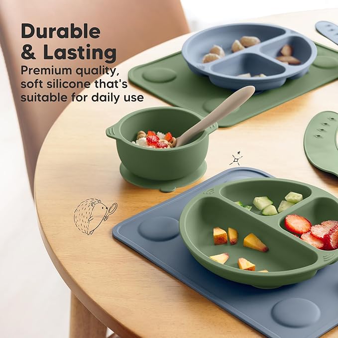 KeaBabies 2-Pack Silicone Placemats for Toddlers - 12x9 Non Slip Suction Baby Silicone Placemat for Kids Eating, Easy to Clean, Busy Travel Baby Mat for Dining Table, Food Grade/BPA-Free (Rocky)