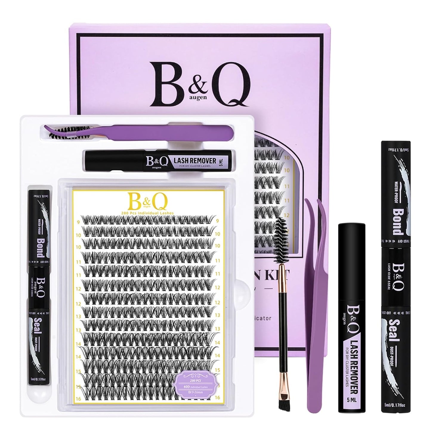 B&Q Lash Clusters Kit 280PCS Eyelash Clusters Kit,40D D 9-16MIX Individual Lash Comfortable Eyelash Extension Set, Classic Look with Bond and Seal Waterproof, Remover DIY at Home(Set,40D)