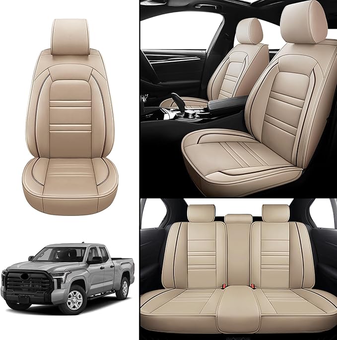 Seat Covers for Toyota Tundra 2000-2025 | 5-Seats Leather Seat Covers, Easy to Install Automotive Seat Covers Full Set (Full Set, Beige)