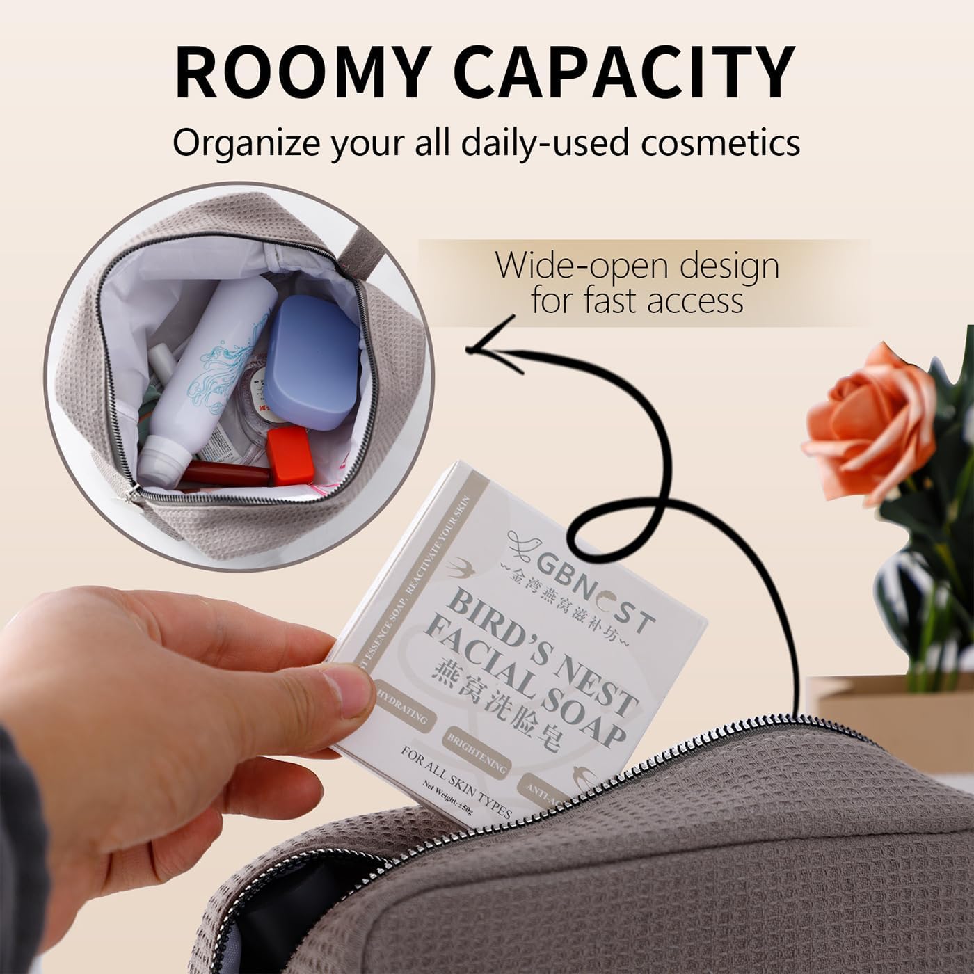 Personalized Embroidered Makeup Bag,Custom Waffle Fabric Cosmetic Pouch for Women, Travel Makeup Pouch (1, Gray)