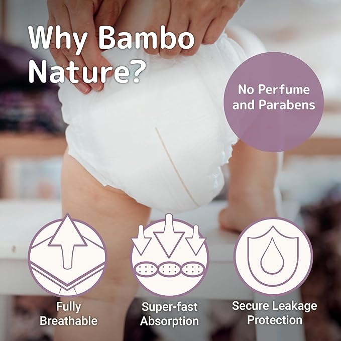 Bambo Nature Hypoallergenic Baby Diapers, Eco-Labelled Sustainable Diapers, Enhanced Leakage Protection, Totally Chlorine-free, Skin Friendly, and Super Absorbent - Size 6 (144 Count)