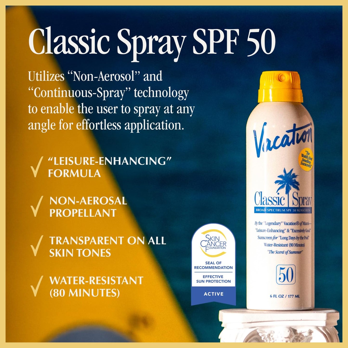 Vacation Classic Sunscreen Spray SPF 50, Water-Resistant, Lightweight, Transparent on All Skin Tones, Dermatologist-Tested, Vegan, 6 Fl. Oz. (Value Pack of 3)