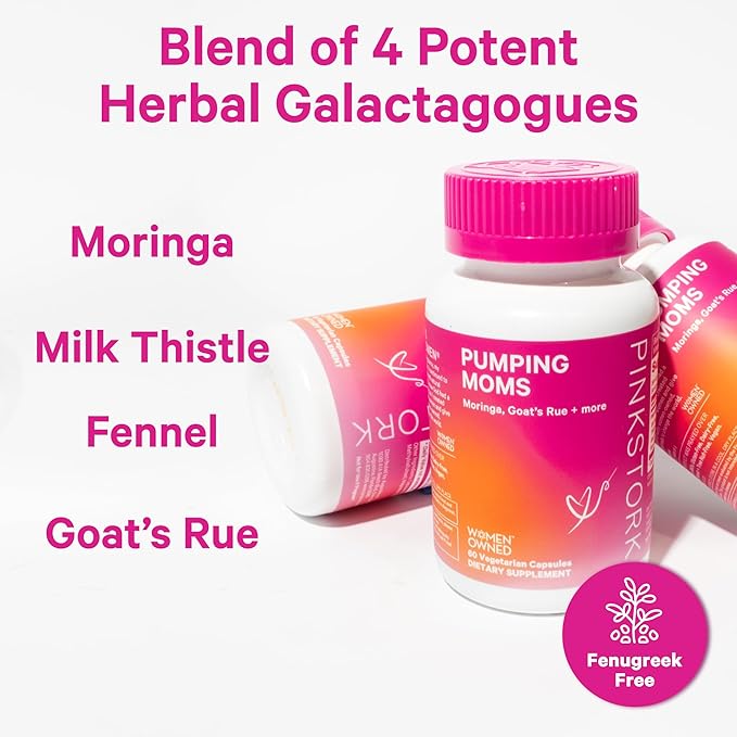 Pink Stork Pumping Moms Lactation Supplement - Support Breast Milk Supply and Flow with Goat's Rue, Milk Thistle and Moringa, Fenugreek-Free, Breastfeeding Essentials for New Moms - 60 Capsules