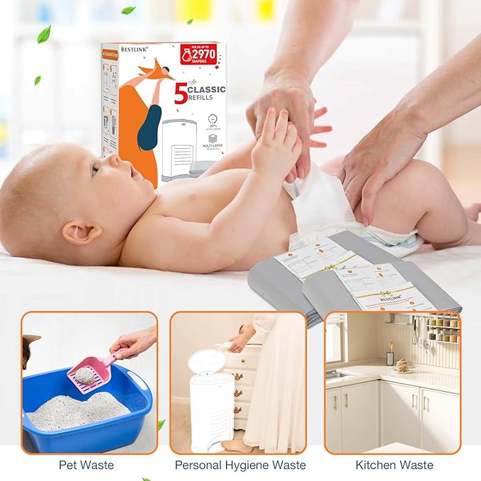 10 Pack Refills Compatible with DEKOR MINI Diaper Pails | 20% Extra Length Diaper Pail Refill Bags Liners Holds 3960 Diapers | Ultimate Odor Control with Baby Scented