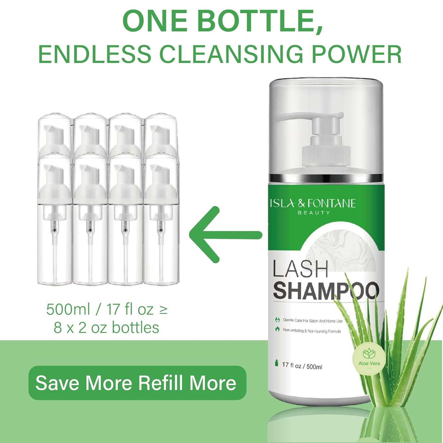 Isla & Fontane Lash Shampoo Bulk – Multi-Scent Series – 17 fl oz / 500ml | Gentle Eyelash Cleanser for Lash Extensions | Non-Irritating | Professional Lash Bath Foam For Salon And Home Use (Aloe Vera)