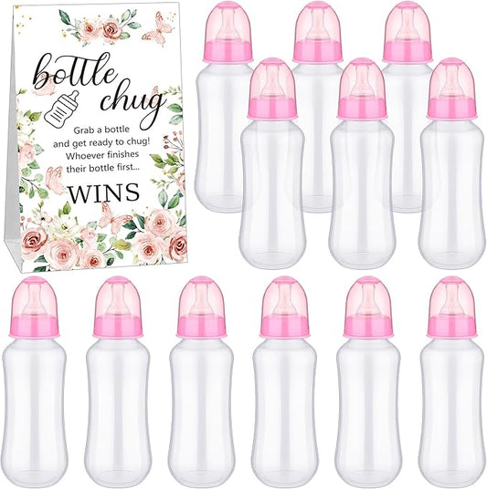 TrelaCo Cool Baby Shower Games Sets 12 Pcs Feeding Bottles with 1 Bottle Chug Sign for Gender Reveal Baby Shower Party Favors Decoration Games(Floral,Pink)