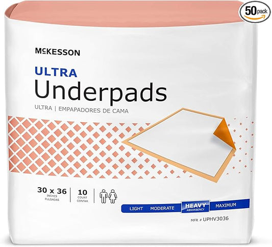 McKesson Underpads Disposable Bed Pads 30" x 36" [50 Count], Heavy Absorbency, Ultra Incontinence Chux Pads for Adults, Elderly, and Baby, Pee Pads