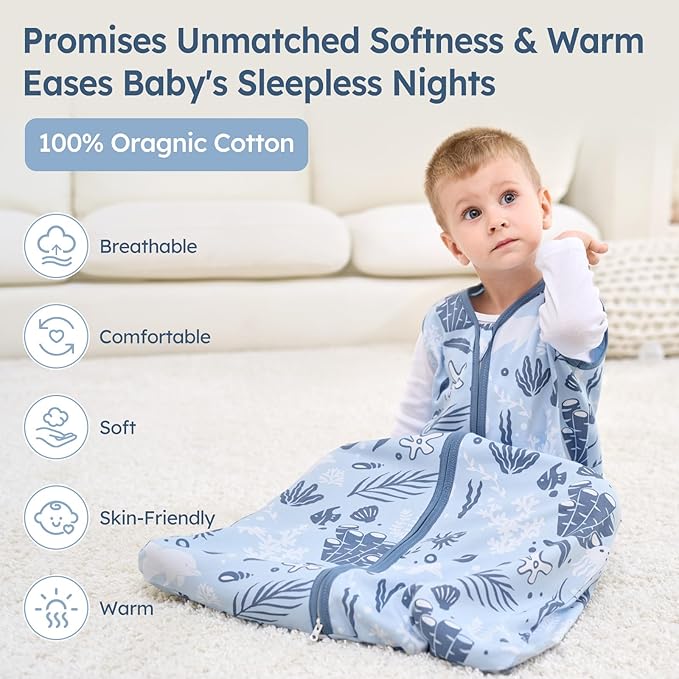 Baby Sleep Sack 6-12 Months 100% Cotton Lightweight 0.5 TOG Wearable Blanket Baby Sleep Bag with 2-Way Zipper for Newborn Infant Blue Dolphin