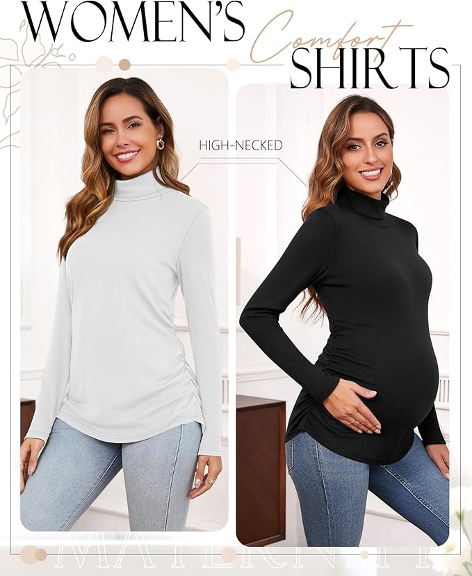 Ficerd 3 Pack Women's Maternity Shirts, Turtleneck Long Sleeve Pregnancy Tops Casual Side Ruched Maternity Tees Mama Clothes