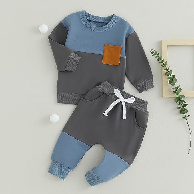 Toddler Baby Boy Fall Clothes Waffle Contrast Color Sweatshirt Pants Sets Infant Winter Outfits 6 12 18 24 Months