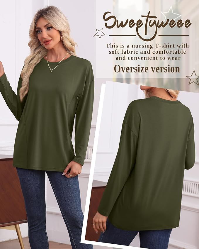 3 Pack Women's Nursing Breastfeeding Tops, Long Sleeve Maternity Shirts Oversize Hidden Zipper Pregnancy Clothes