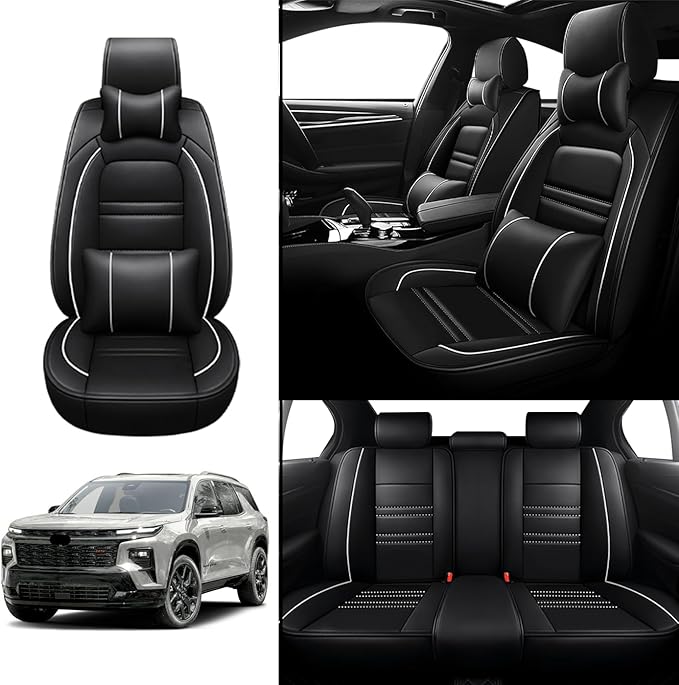 Car Seat Covers for Chevy Traverse 2009-2025 | 5-Seats Seat Covers, Waterproof Seat Protectors, Automotive Seat Covers (Full Set with Pillow,Black&White Line)