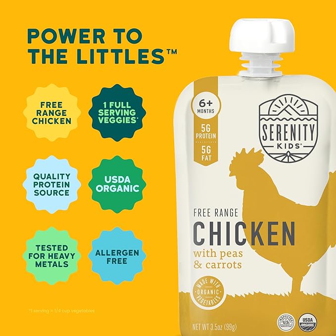 Serenity Kids 6+ Months Baby Food Chicken Pouch Puree - Ethically Sourced Free-Range Chicken & Organic Peas & Carrots - No Added Sugar & Protein-Rich & BPA-Free Toddler Food - 3.5 Oz, 12 Pack