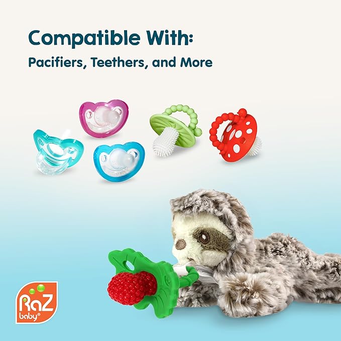 RaZbaby Sloth RaZbuddy Stuffed Animal Pacifier Holder for Newborns & Up, Made in The USA, Detachable Orthodontic JollyPop Pacifier, Medical-Grade 100% BPA-Free Silicone, -0 Months+