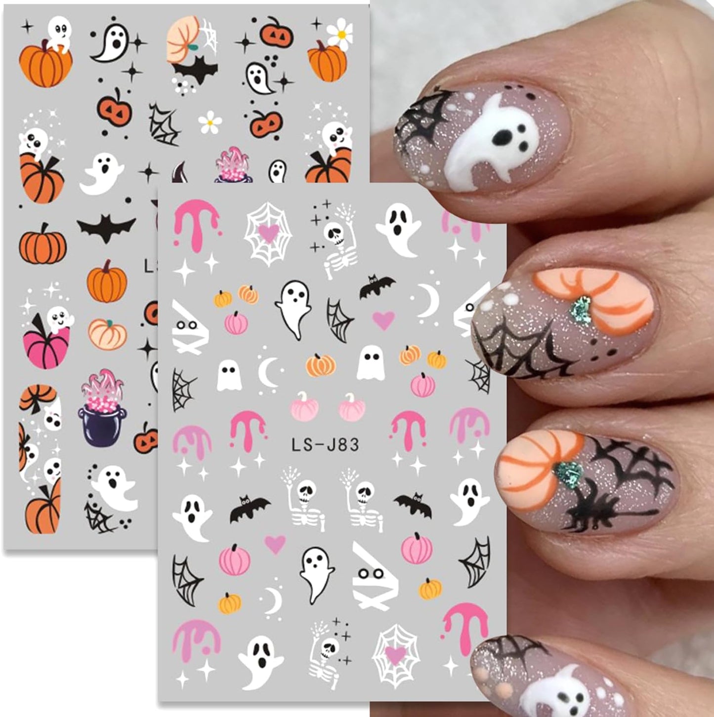 10 Sheets Halloween Nail Art Stickers Decals Cute White Ghost Nail Stickers Pumpkin Bat Spider Web Nails Decal Self-Adhesive Skull Flower Nails Art Decals for Women Halloween Decor