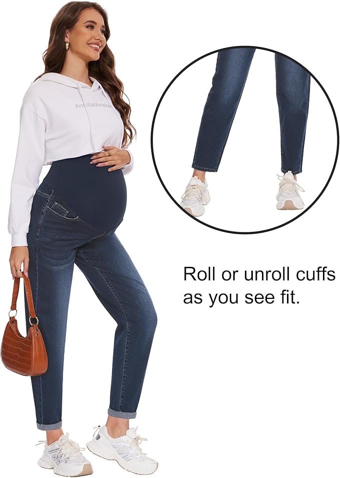 POSHGLAM Women's Maternity Jeans Over Belly Comfy Stretch 28'' Boyfriend Jeans Loose Pregnancy Pants, S-XXL