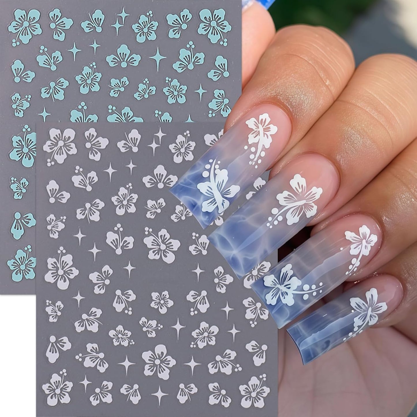 10 Sheets Hibiscus Flower Nail Stickers for Nail Art Petal Floral Nail Art Decals 3D Self-Adhesive Pink Blue Gold Silver Hibiscus Nail Design Pegatinas Uñas for Women DIY Manicure Decor Accessories