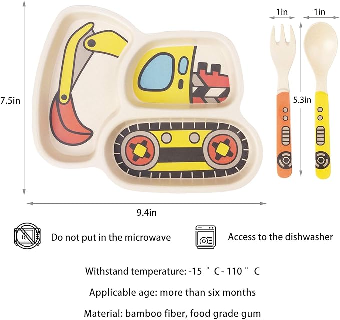 Toddler Plates Dinnerware Dinner Dish Set Baby Feeding Spill Proof Divided Plate - Baby Spoon and Fork 3-Piece Set Teaches Child Portion Control (excavator/bulldozer)