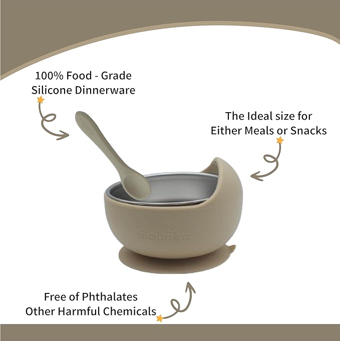 Silicone Baby Bowl Feeding Set – 12-Piece Set with Stainless Steel Inserts and Baby Spoons – BPA-Free Suction Bowls for Babies and Toddlers – Easy to Clean, Safe Mealtime Set for Self-Feeding