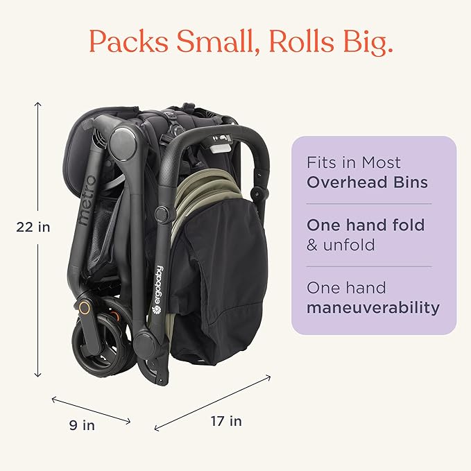Ergobaby Metro 3 All in One Compact Baby Stroller - Foldable, Lightweight Travel Stroller - Easy One-Hand Fold for Overhead Airplane Storage (Carries up to 50 lbs) - Car Seat Compatible - Soft Olive