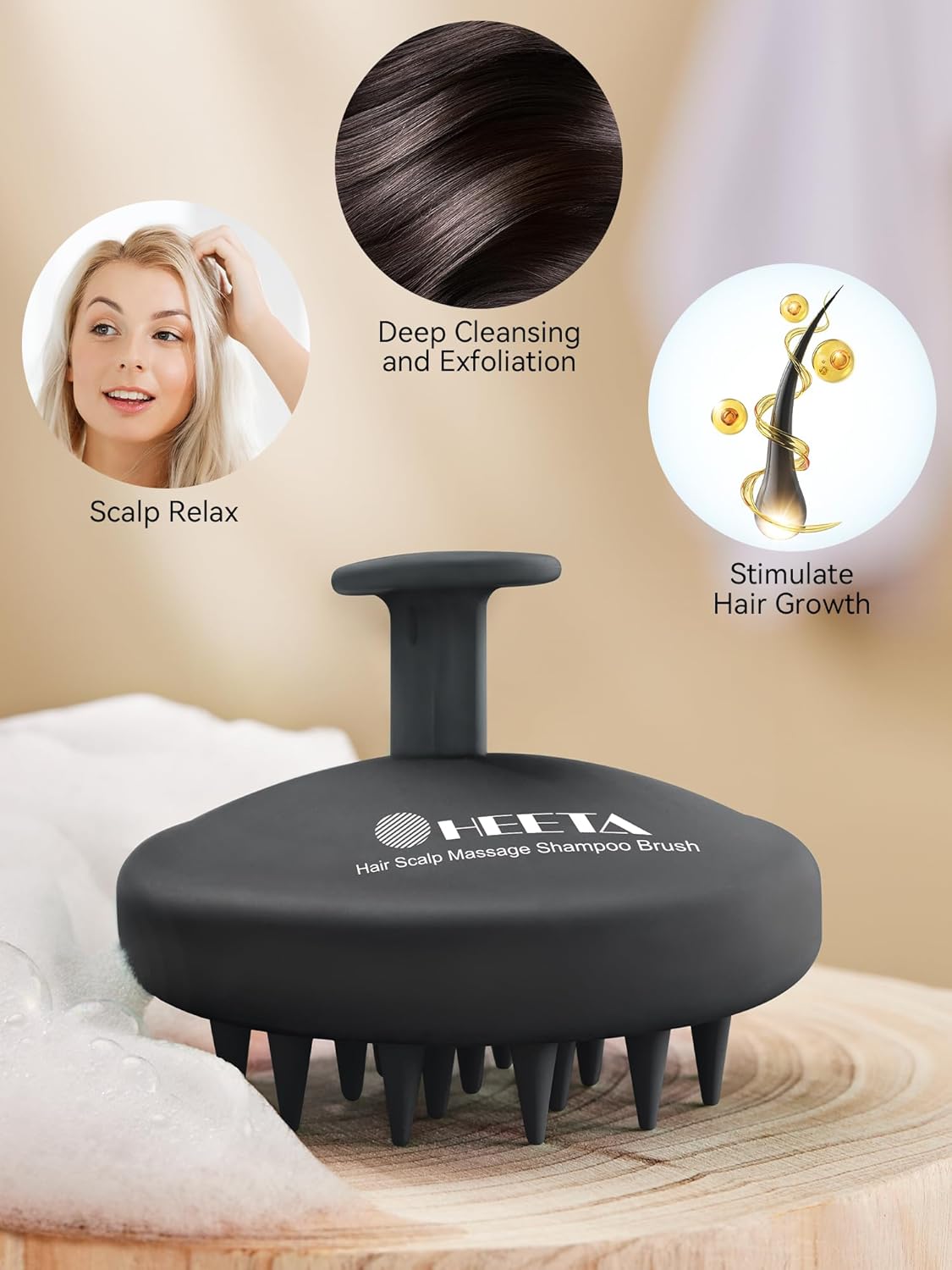HEETA Scalp Massager Hair Growth, Scalp Scrubber with Soft Bristles, Integrated Silicone Design, Exfoliator for Dandruff Removal & Relaxation, Shampoo Brush Fit Wet Dry Hair Use, Black