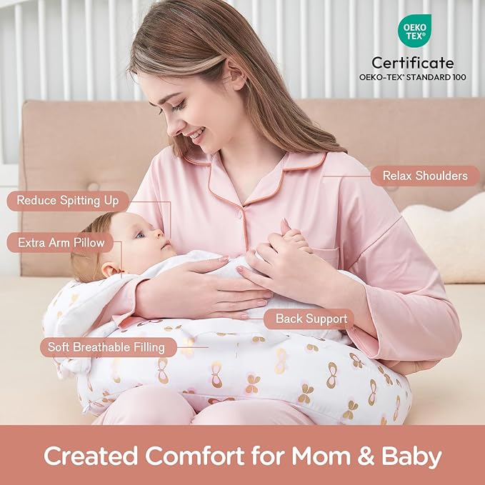 Little Grape Land Nursing Pillow, Multifunctional Breast Feeding Pillow with Arm Pillow, 3pk Baby Support Pillow with Adjustable Waist Strap and Removable Cover, Pink Gold