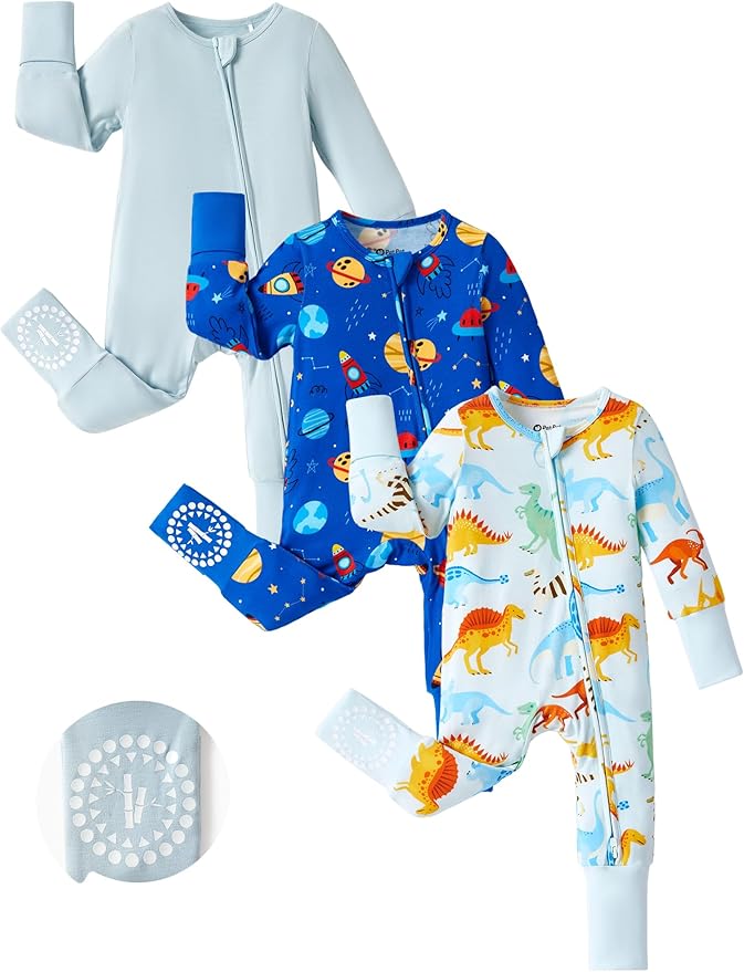 PATPAT Baby Footies Boys Girls - Bamboo Viscose - Zipper & Non-Slip Soles Romper Mitten - Footed & Footless Infant Clothes