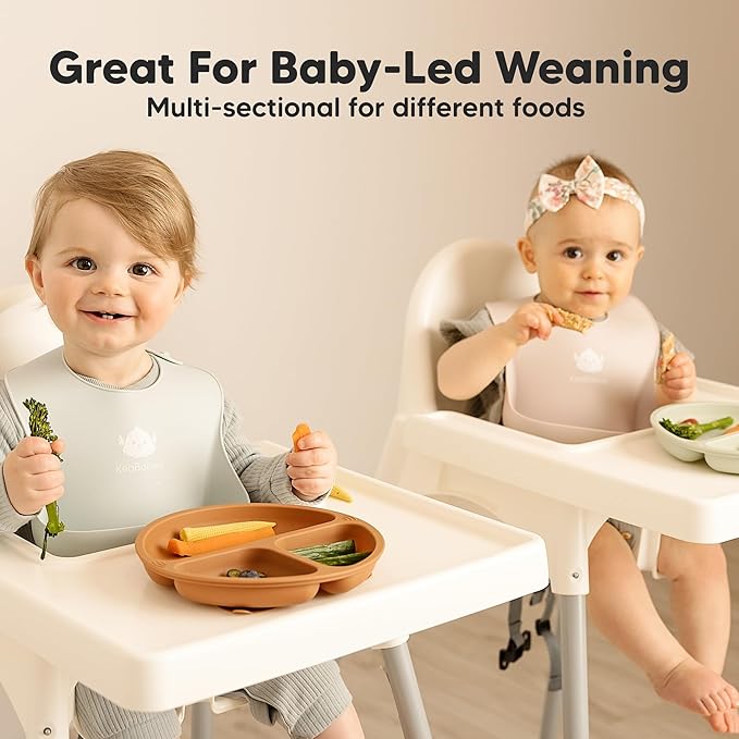 KeaBabies Suction Plates for Baby, Toddler - 3-Pack 100% Silicone Toddler Plates with Suction, Divided, BPA-Free Baby Led Weaning Essentials for Kids, Dishwasher, Microwave Safe, Durable (Desert)