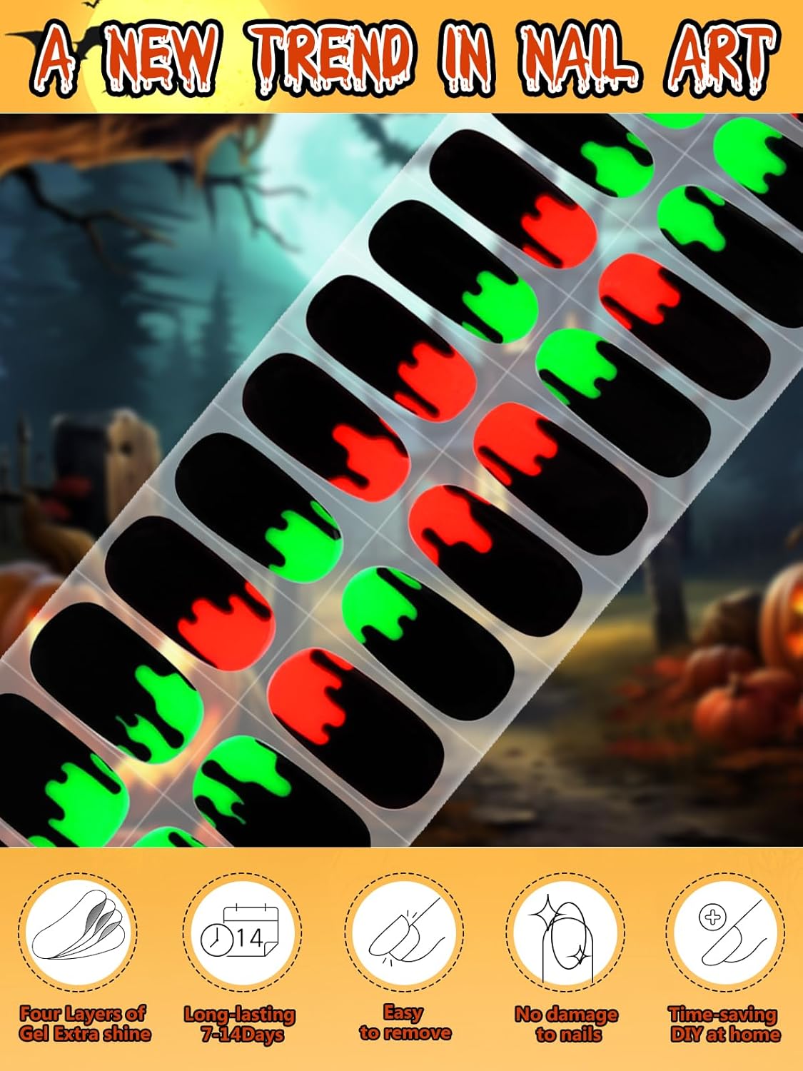 EBANKU 24Pcs Semi-Cured Gel Nail Strips, Halloween Y2K Nail Gel Polish Strips Real Nail Polish Art Stickers Wraps Easy Apply for Salon-Quality Manicure with Nails File and Nails Stick (Spooky Blood)