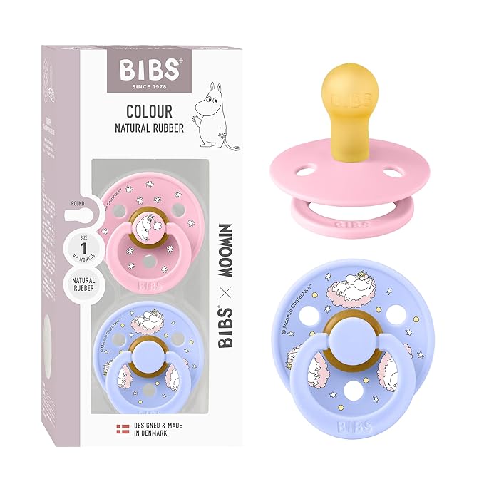 BIBS Colour Moomins Pacifier 2-Pack, BPA Free Pacifier, Round Nipple. Natural Rubber Latex, Made in Denmark, Size 1 (0-6 Months), Baby Pink/Hush