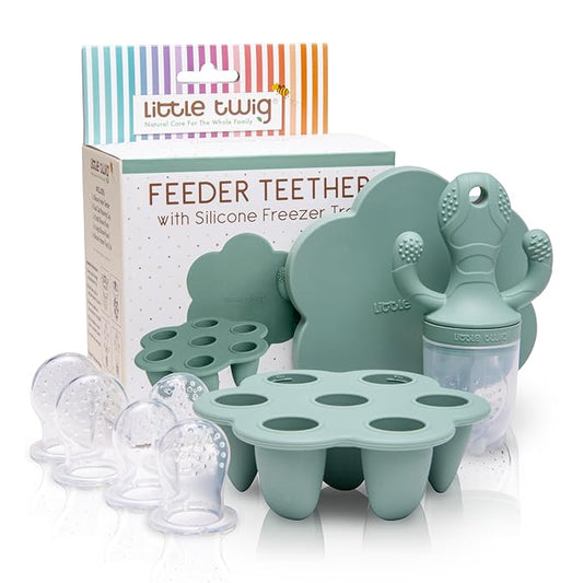 Little Twig Baby Fruit Feeder Pacifier Teether | Baby Food Freezer Tray with Lid | BPA Free Silicone Freezable Teether | Feeding Set for Breast Milk Ice Cubes, Baby Food, Vegetable Fruit Purees